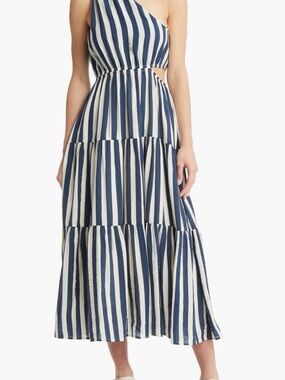 Moon River Navy and White One-Shoulder Striped Tiered Maxi Dress